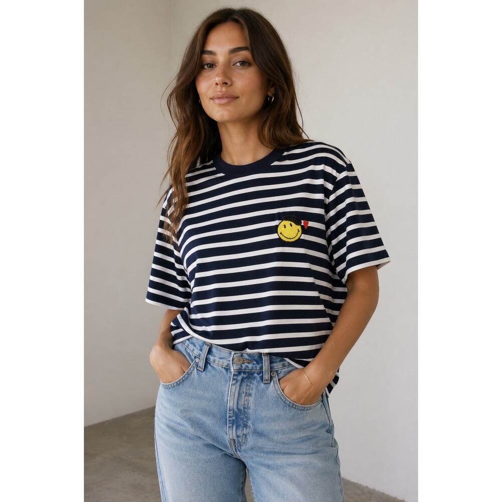 Galeries Lafayette Smiley Face Striped Tee Navy White Cotton Size M